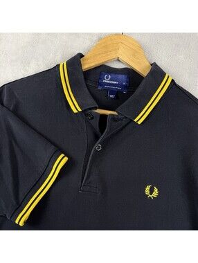 Fred Perry Men’s S Navy Yellow Twin Tipped Cotton Pique Polo Shirt Laurel Wreath